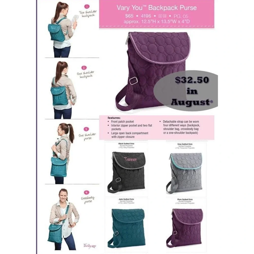 Thirty-One Vary You Backpack Purse Jade Quilted Dots Convertible Crossbody Bag